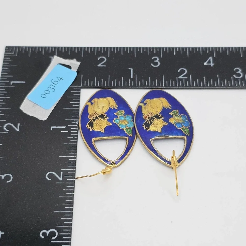 Vtg Cloisonne Kitten Cat Flower Earrings Cobalt Blue Enamel Gold‎ Dangle